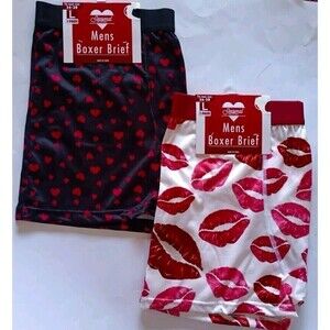 Valentines Boxer Briefs Mens Size Large Lot Of 2  Red Hearts Lips All Over Print